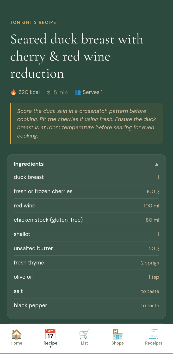 Tonight's recipe screen with method notes, calories, timing, and a full ingredient list