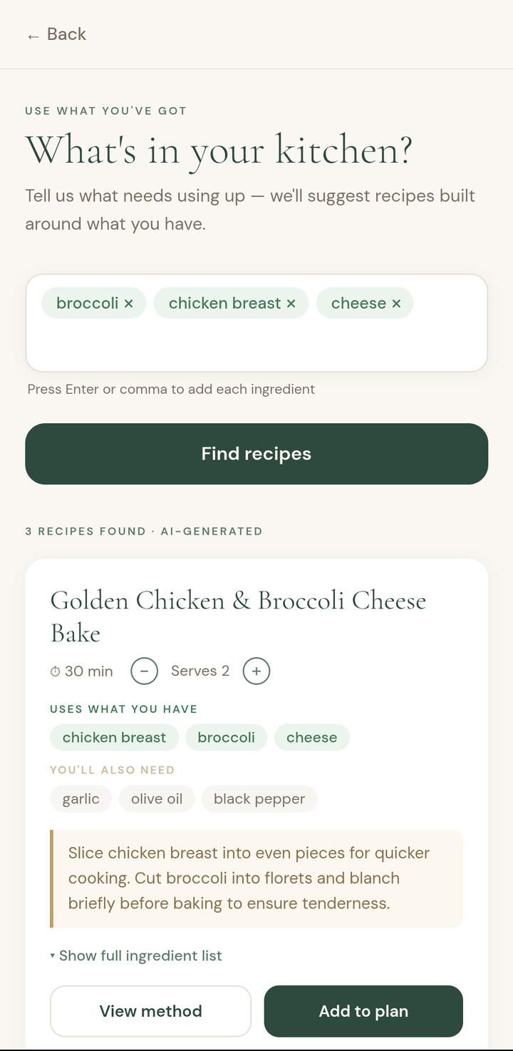 The "What's in your kitchen" screen suggesting a recipe built from leftover ingredients