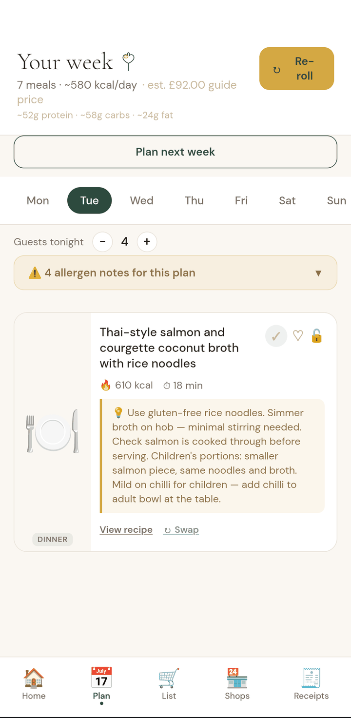 The weekly plan screen showing seven priced dinners with allergen notes and a re-roll option